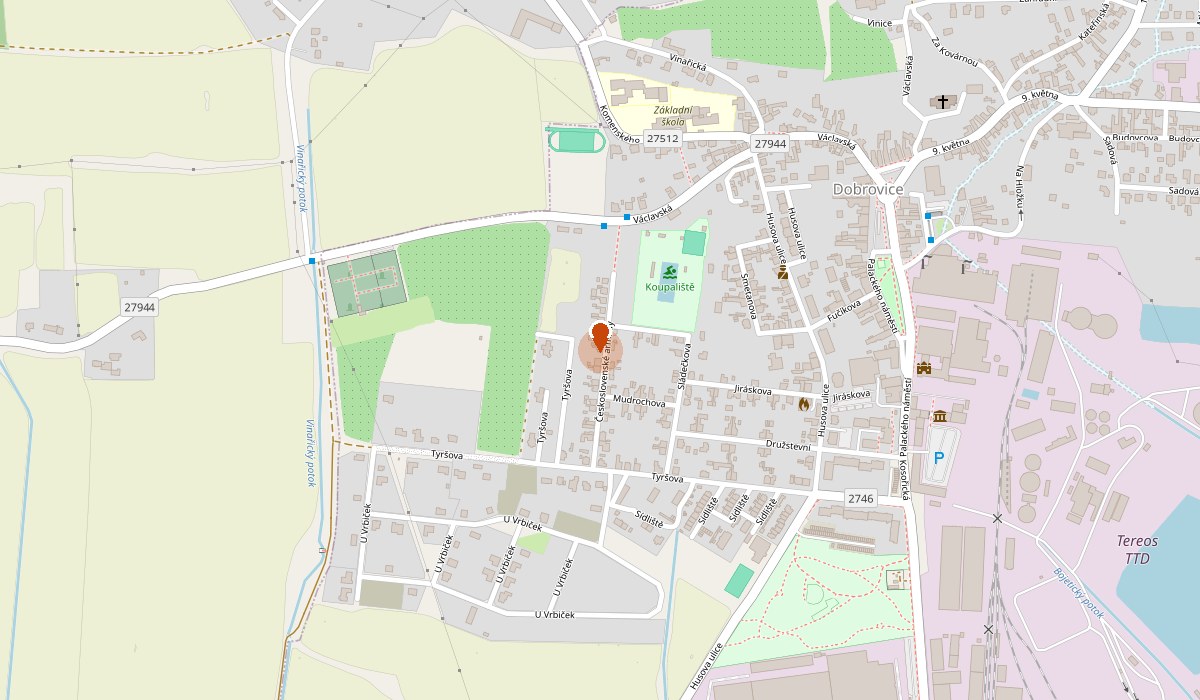 Mapa s vyznačeným místem: Československé armády 421, 294 41 Dobrovice